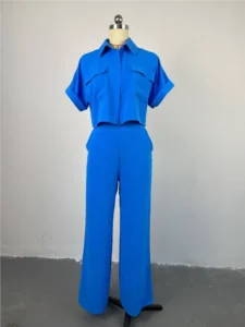 Women's Two Piece Sets Spring Summer Casual Solid Turn-down Neck Short Sleeve Loose Top & Wide Leg Pants Set Streetwear Outfits - Image 6