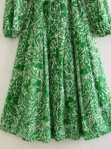 Green Print Long Dress Women Pleated Shirt Dress Woman Long Sleeve Maxi Dresses for Women 2023 Summer Collar Female Dress - Image 6