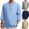 Cotton Linen Hot Sale Men's Long-Sleeved Shirts Summer Solid Color Stand-Up Collar Casual Beach Style Plus Size Linen Man Tops