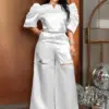 ONTINVA Women Trendy White Two Pieces Set Puff Sleeve Crop Top High Waist Wide Leg Pant Set Street Wear Suit Plus Size 2024 New