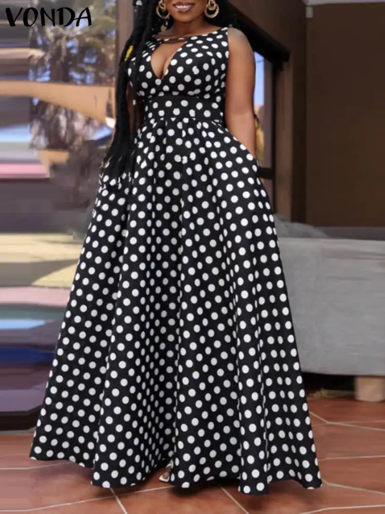 VONDA Bohemian Sundress 2024 Summer Women Polka Dot Maxi V Neck Hollow Sleeveless Sexy Dress Casual Elegant Party Robe Femme