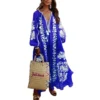 Woman Maxi Dress Boho Print Lace Up Long Sleeve Dress V-neck loose Fashion Bohemian Beach Vintage Ruffle Hem 2022 Print Dresses - Image 5