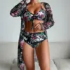 Summer Bikini Set Women Floral Printed High Waist Swimsuit Long Sleeve Cover Up Print Three Pieces Bathing Suit Female Swimwear
