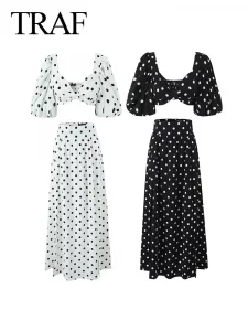 TRAF Women Fashion Skirt Suit 2024 Spring Elegant Short Sleeve Square Neck Polka Dots Printed Cropped Top High Waist Slit Skirt - Image 2