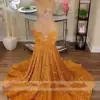 Sparkly Gold Sequined Mermaid Prom Dresses 2024 For Black Girls Sheer Crew Neck Beaded Formal Party Dress Luxury Evening Gowns