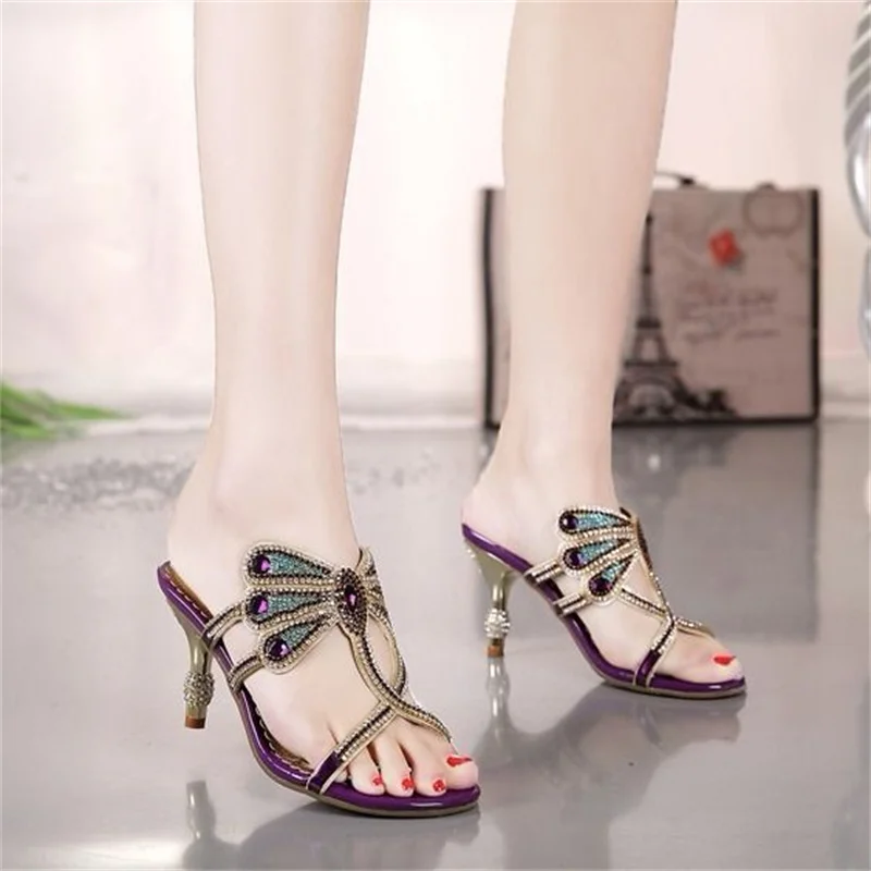 Summer Casual Comfort Rhinestone Sandals Leather Glitter Women Open Toe High Heels Party Shoes Gladiator Wedding Shoes