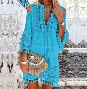 Beach Boho White Lace Fashion Eu Boho Mini Dress Women Autumn Pop Tassel Loose V Neck Dresses Lady Beach Female Clothing - Image 5