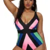 2023 Swimsuit One Plus Size Swimwear Women One-piece Suits Beachwear Color Block Summer V-neck Bathing Suit Female 4XL