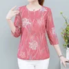 Casual Fashion Vintage Floral Printed Thin T-shirt Summer Autumn 2024 New Half Sleeve O-Neck Loose Pullover Tops Ladies Clothing - Image 4