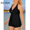 Plus Size 8XL Solid Black two Pieces Tankini Swimsuit Summer Sexy Deep V Swimdress Backless Push Up Beachwear Bathing Suit - Image 2