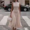 Fashion Patchwork Mesh Sleeveless Midi Dress For Women Elegant Half-turtleneck Slim Dresses Female Chic High Street Vestidos