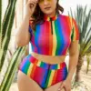 Colorful Rainbow Striped Bikini Set Two-piece Beach Swimsuit Plus Size Zipper Bandage Bikini Bathing Suit Women Swimwear
