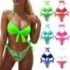 Women's Bikini Set Solid Color Hanging Neck Suspender Tops And High Waist Bow Knot Lace Up Sexy Bikini Trend Split Swimsuit - Image 3