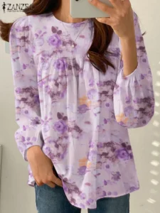 2024 ZANZEA Elegant Floral Printed Work Tops Bohemian Women Blouse Fashion Spring O Neck Long Sleeve Shirt Casual Holiday Blusas - Image 3