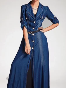 Women Denim Dress Spring Long Sleeve Single Breasted Slim Casual Elegant Vintage Lapel Collar Big Swing Shirt Maxi Dresses - Image 3