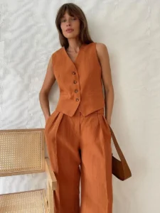Wolfeel Womem Linen Cotton Chic Vest ＆ Pants Suit Two-Piece Set Office Ladies Summer Chic 2 Piece Sets Womens Outfits - Image 2