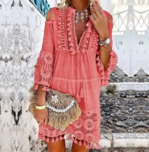 Beach Boho White Lace Fashion Eu Boho Mini Dress Women Autumn Pop Tassel Loose V Neck Dresses Lady Beach Female Clothing - Image 6