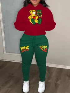 2024 Women's Letter Print 2 Piece Outfits Teddy Bear Letter Print Kangaroo Pocket Tracksuit Set Long Sleeve Sweatshirt and Pants - Image 5