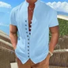 2024 summer men's new retro cotton hemp stand collar multi-button fashion casual short-sleeved shirt top clothing - Image 3