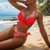 Women's Bikini Set Solid Color Hanging Neck Suspender Tops And High Waist Bow Knot Lace Up Sexy Bikini Trend Split Swimsuit - Image 5