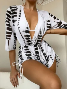 3 pieces Halter Bikini Tropical Print Swimsuit Drawstring Side Swimwear Women Long Sleeve Bathing Suit Female Swimming Beachwear - Image 5