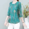 Casual Fashion Vintage Floral Printed Thin T-shirt Summer Autumn 2024 New Half Sleeve O-Neck Loose Pullover Tops Ladies Clothing - Image 3