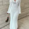 Tossy White Knit Fashion Cover up Maxi Dress Female See-Through V-Neck Hollow Out Beach Holiday Dress Knitwear Backless Dress
