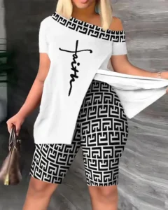 Two Piece Sets Printed Shorts Sets Skew Collar Short Sleeve T Shirts Pullover High Waist Trousers Suit Ladies Casual Summer - Image 2