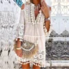 Beach Boho White Lace Fashion Eu Boho Mini Dress Women Autumn Pop Tassel Loose V Neck Dresses Lady Beach Female Clothing - Image 3