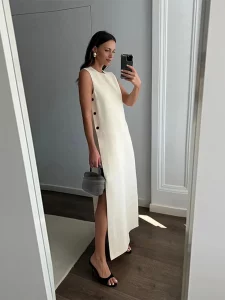 Women Button Split Sleeveless Maxi Dress Elegant O-neck Off Shoulder Loose Long Robes 2024 New Female High Street Vestidos - Image 6