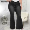 Plus Size High Waist Spliced Flared Jeans Mom 4XL Women Comfortable Elastic Tight Fringe Hem Wide Leg Trousers Women Bell Bottom - Image 6