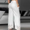 2024 Summer New Sweet Solid Thin Cotton Hollow Embroidered Hem Pants Women Elastic Waist Casual Pants - Image 2