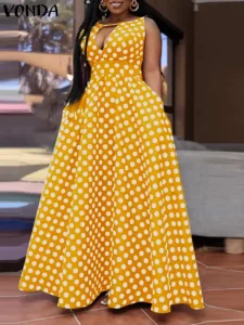 VONDA Bohemian Sundress 2024 Summer Women Polka Dot Maxi V Neck Hollow Sleeveless Sexy Dress Casual Elegant Party Robe Femme - Image 3
