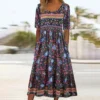 2023 Vintage Boho Stripe Print Women Sundress Summer Fashion V-Neck Short Sleeve Dress Elegant Ladies Midi Dress Femme Vestidos - Image 6
