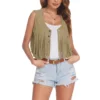 Women Vest Western Fringe Tassel Cardigan Sleeveless Single-breasted V Neck Solid Color Short Retro Hippie Clothes Jacket Lady - Image 3