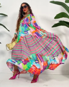 Autumn Loose Pleat Swing Boho Maxi Dresses Lady Vintage Pattern Print Beach Vestidos Women Sexy Deep V Neck Long Party Dress - Image 2