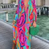 Women Boho Maxi Dress 2023 Summer Sexy Deep V-Neck Long Dresses Vintage Print Long Sleeve Loose Beach Cover Up Female Dress Robe
