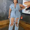 Womens Jeans Plus Size Streetwear One Piece Suit with Sash Denim Elegant Oversized Ripped Jumpsuit Wholesale Bulk Dropshipping