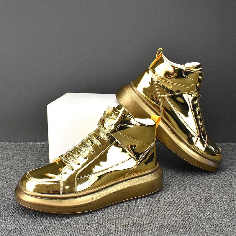 men luxury fashion platform boots gold silver patent leather shoes stage nightclub dress brand designer personality ankle botas