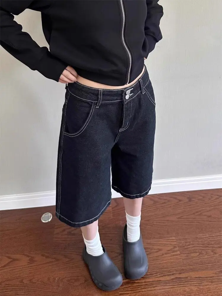 American solid color wide-leg women denim shorts spring and summer retro street style casual loose straight pants trendy