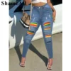 Women's Plus Size Sexy Jeans, Rainbow Print Ripped High Rise Medium Stretch Button Fly Pocketed Skinny Jeans - Image 3