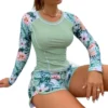 Two-piece Swimsuit Floral Print Long Sleeve Swimsuit Set for Women with Drawstring Elastic Waist Shorts Quick Dry for Surfing - Image 5