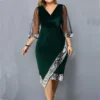 Plus Size Evening Party Dress for Women 2023 Elegant Sequin V Neck Mesh Sleeve Velvet Irregular Formal Occasion Dress Vestidos - Image 3