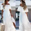 Women Casual Bohemian Style Long Dress Sexy Strapless Off The Shoulder Lace Tassel High Waist Big Hem Hollow Out Vestidos Summer