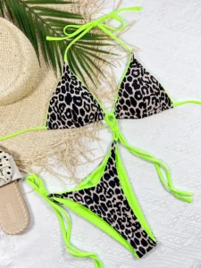 Women 2 Pieces Y2k Bikini Swimsuit Leopard Print Tie-Up Halter Neck Padded Bra Thong Bottom Beach Bathing Suit Set - Image 3