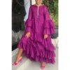 Plus Size Casual Dress Fuchsia Ruffle Print Flare Sleeve Maxi Dress - Image 2