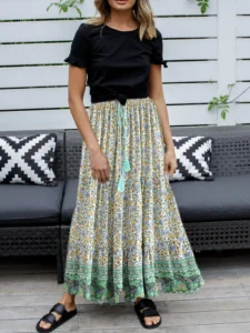 Vintage Chic Fashion Hippie Women Beach Bohemian Green Floral Print Pleasted Skirt Elastic Waist A-Line Boho Maxi Skirts Femme - Image 6