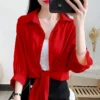 Fashion Lapel Button Solid Color All-match Bandage Bow Shirt Female Clothing 2023 Summer New Casual Tops Oversized Korean Blouse - Image 2