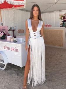 White Bandage Tassel Patchwork Hem Long Dress Women Sexy Off Shoulder Sleeveless Backless Dresses 2024 Lady Beach Party Robes - Image 4