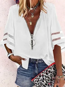 2023 Summer Shirt Sexy Lace Patchwork Flared Sleeve Mesh Solid Blouse Women Zipper V-Neck Loose Casual Tops T-Shirt Streetwear - Image 4